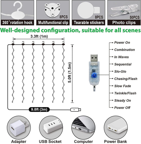 ZSJWL 3.3×5ft Short Curtain Lights with 8 Hook for Small Windows, 96 LED White Photo Clips String Light with 52 Clear Clips, Remote Control 8 Mode...