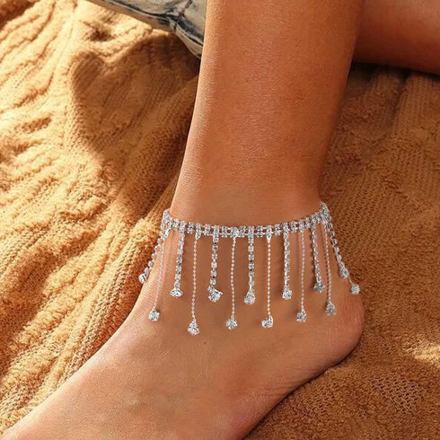 ELABEST Boho Rhinestone Ankle Bracelet Silver Drop Tassel Crystal Dangle Anklet Bracelets High-heeled Trendy Anklet Tennis Foot Chain Nightclub Pa...
