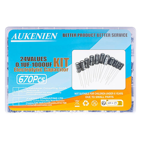 AUKENIEN Electrolytic Capacitor Kit 24 Values 670pcs Aluminum Industrial Electrical Radial Capacitors Assortment Set from 0.1uF to 1000uF 10V 16V ...