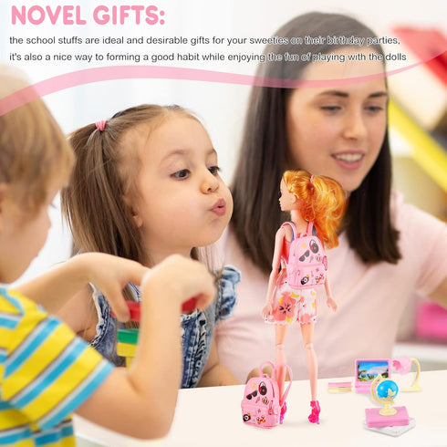 Zhanmai 21 Pieces Doll School Stuff Mini School Supplies Doll School Accessories School Playset for Dolls Mini Pink Doll Backpack Desk Lamp Laptop...