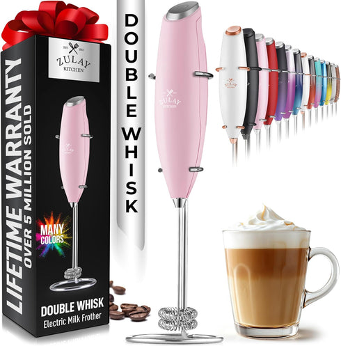 Zulay Kitchen Powerful Double Whisk Milk Frother Handheld - Foam Maker With Stand - Whisk Drink Mixer for Coffee, Mini Foamer for Latte, Matcha, F...