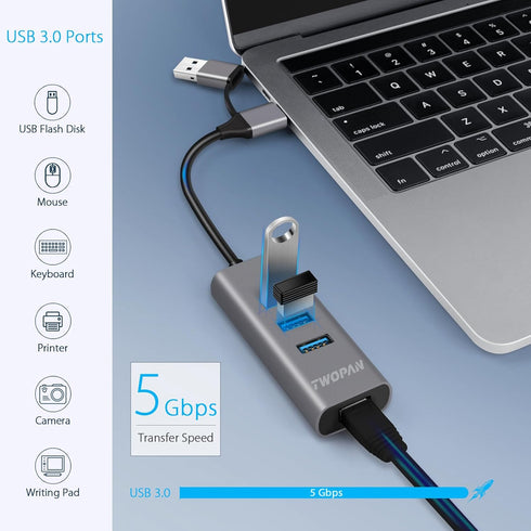 USB 3.0 Hub Ethernet, Aluminum USB C to Ethernet Adapter, 3 Port USB C Hub for Laptop, RJ45 LAN Adapter for 24 inch iMac 2021, New MacBook Pro/Air...