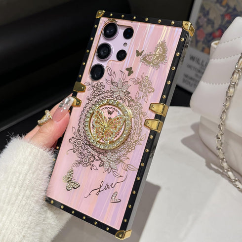 for Samsung Galaxy S24 Ultra Kickstand Case, Cute Luxury Glitter Bling Sparkly Diamond Butterfly with Ring Stand Floral TPU Bumper Shockproof Wome...
