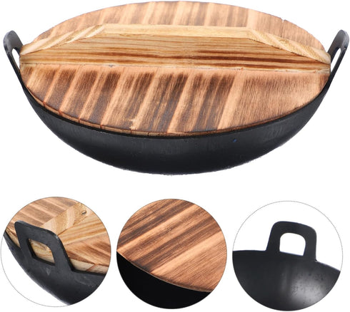 Alipis 1 Set Mini Amphora Wok Household Work Wrought Iron Wooden Cover...