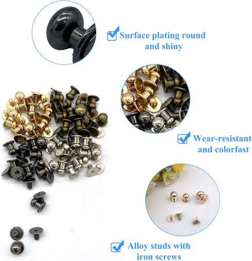 Yoliko 40 Pack 4 Color Round Phillips Head Button Stud Screws 6x7.8x8mm Chicago Screws Nail Rivet Leather Button Brass Rivets for DIY Leather Craf...