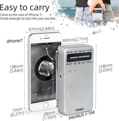 PRUNUS J-166 Portable Radio AM FM, Battery Operated Radio with Tuning Light, Back Clip, Excellent Reception for Indoor & Outdoor & Emergency Radio...