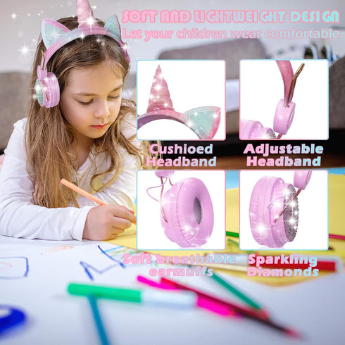 Unicorn Wireless Headphones for Kids,Cat Ear Bluetooth 5.0 Over Ear Headphones with Microphone for Cellphone/iPad/Laptop/PC/TV/PS4/Xbox One, Folda...