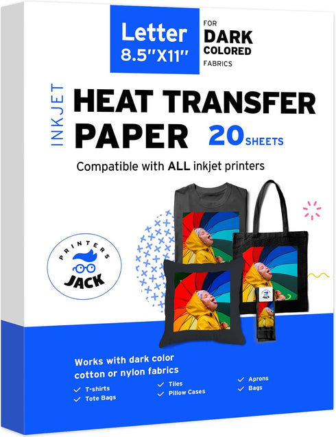 Printers Jack Iron-On Heat Transfer Paper for Dark Fabric 20 Pack 8.5"x11" T-Shirt Transfer Paper for Inkjet Printer Wash Durable, Long Lasting Tr...