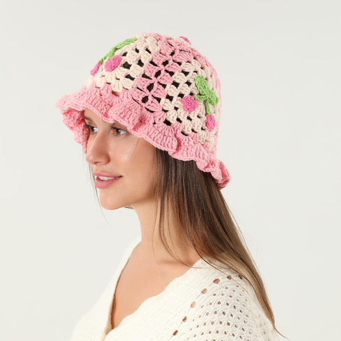 Crochet Bucket Hat for Women Handmade Floral Hat Portable Knitted Elastic Cute Beach Hat for Vacation Traveling...