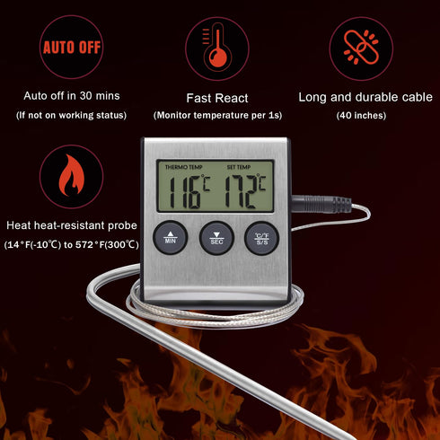 Kitchen Instant Read Meat Thermometer, Digital Candy Cooking Smoker Oven Thermometer, BBQ Timer Clock Grill with Stainless Steel Food Probe, Silve...
