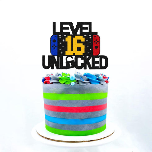 Level 16th Unlocked Sign Cake Topper Happy 16th Birthday Level Up Sixteenth Cake Decorations for Video Game Controller Themed Kids Boy Girl Bday P...