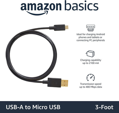 Amazon Basics USB-A to Micro USB Fast Charging Cable, 480Mbps Transfer Speed with Gold-Plated Plugs, USB 2.0, 3 Foot, Black...