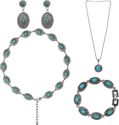 4 Pieces Bohemian Turquoise Jewelry Set Chain Waist Belt Turquoise Necklace Vintage Turquoise Dangle Earrings and Bracelet Western Jewelry for Wom...