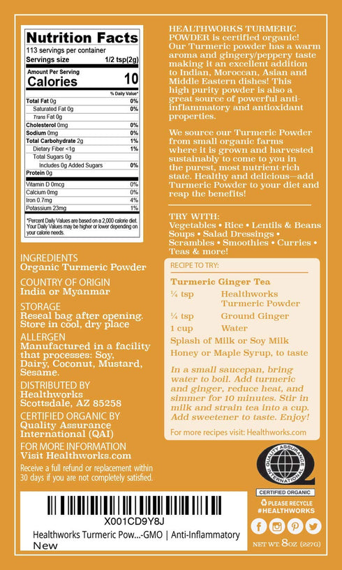 Healthworks Superfoods Organic Turmeric Powder - 8 Oz - Ground Raw Organic, Curcumin, Keto, Paleo, Vegan and Non-GMO...