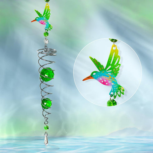 FONMY Hummingbird Gazing Ball Spiral Wind Spinner Sun Catcher Rainbow Maker Silver Spiral W/ K9 Green Crystal Ball Tree Hanging Ornament Indoor Ou...