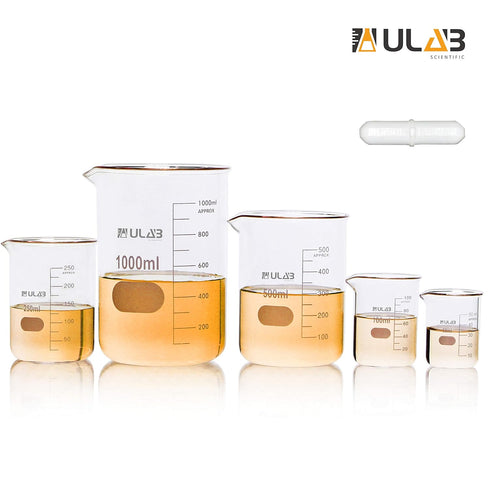 ULAB Scientific Glass Beaker Set with Magnetic Stir Bar Offered, 5 Sizes 50ml 100ml 250ml 500ml 1000ml, 3.3 Boro Griffin Low Form with Printed Gra...