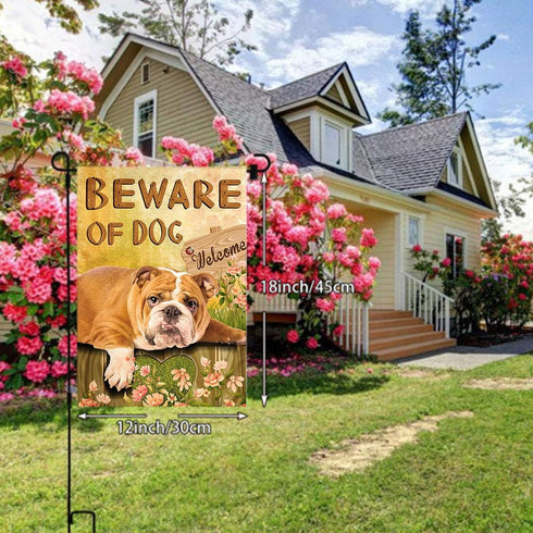 Lazy English Bulldog Garden Flag - Beware of Dog House Flags Double-sided Welcome Home Flag Dogs Yard flags Small Yard Patio Lawn Decor 12 x 18 In...