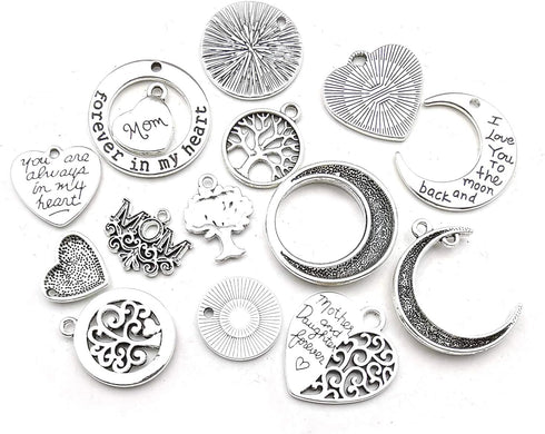Family Mom Words Charm Collection-32 PCS Craft Supplies Heart Moon Love Words Mother's Day Charms Pendants for Jewelry Making Crafting Findings Ac...
