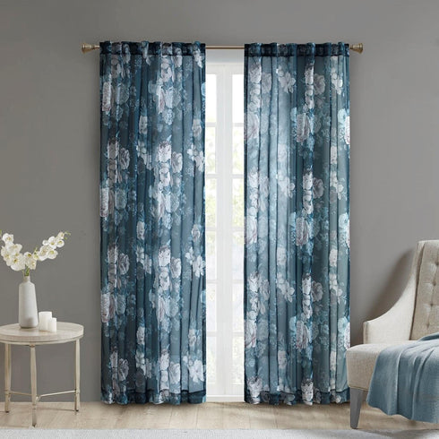 Madison Park Simone Floral Design Sheer Single Window Curtain Voile Privacy Drape for Bedroom, Livingroom, 50" x 95", Navy (MP40-6623)...