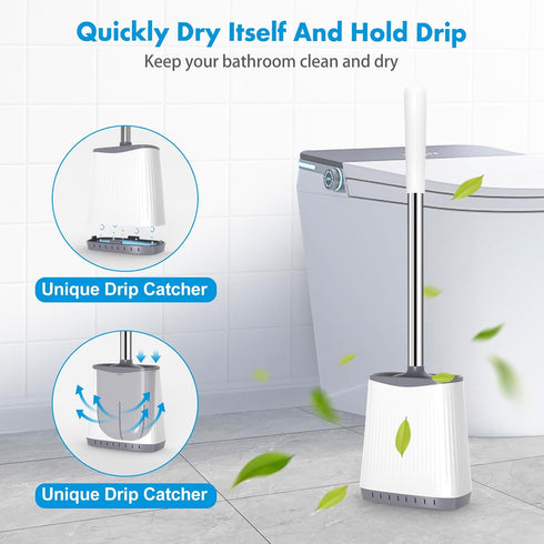 Toilet Brush,Toilet Brush and Holder, Silicone Flexible Toilet Bowl Brush Head with Ventilated Holder, Wall Mounted Compact Toilet Brush Set for B...