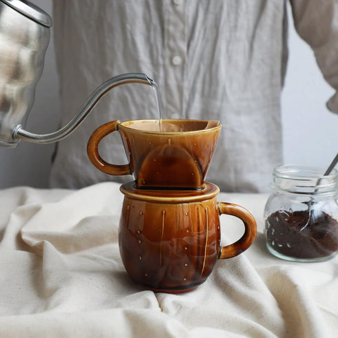 Asayu Japan Ceramic Coffee Pour Over Maker Set in Caramel, Slow Brewing Paper Filter Holder and Dripper with 3 Holes for Coffee and Tea - Coffee D...