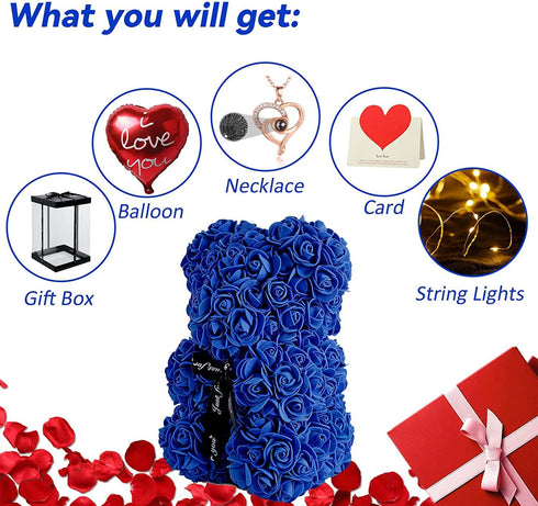 U UQUI Blue Rose Bear Anniversary Flowers Gift for Her, Anniversary Rose Gifts for Wife Flower Bear, Rose Teddy Bear with Box Lights Necklace Ball...