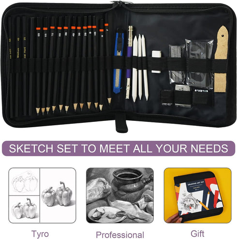 Tavolozza Drawing Art Pencils Set, 34 Pack Professional Drawing and Sketch Pencil Set in Soft-Sided Art Portfolio Storage Bags for Kids, Teens and...