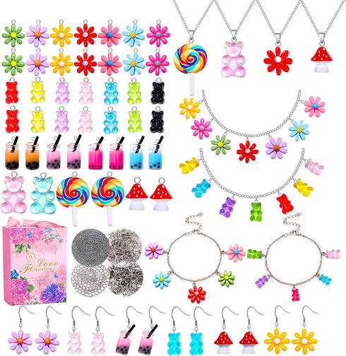 HSWE 263 PCS Charm Bracelet Making Kit,Colorful Gummy Candy Bear Milk Tea Lollipop Flower Pendant Charms Cute Funny Mushroom Earring Necklace DIY ...