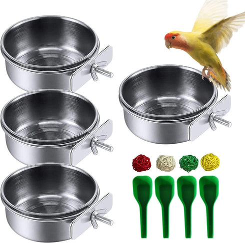 kathson Stainless Steel Bowls for Birds,4 Pcs Parrot Feeder Dish Cups,Bird Cage Water Food Bowl Coop Cup with Clamp Holder for Parrots Cockatiel B...