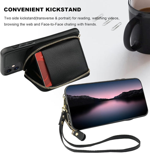 Bocasal RFID Blocking Wallet Case for iPhone 11, Adjustable Crossbody Zipper Purse Case Card Holder with Kickstand Detachable Wrist Strap, PU Leat...