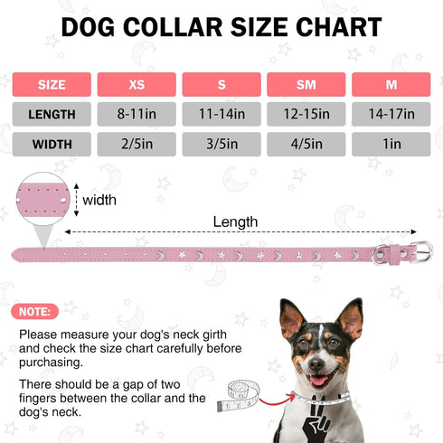 Leather Dog Collar for Puppy Small Medium Dogs, Adjustable Star and Moon Studded Pet Collars with Rust-Proof Metal Buckle and Charms, XS S Dog Col...
