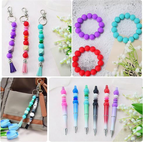 130PCS Silicone Beads for Keychain Making Kit 15mm Silicone Beads Bulk Round Rubber Beads Loose Beads for Pens DIY Necklace Bracelet Making (Straw...