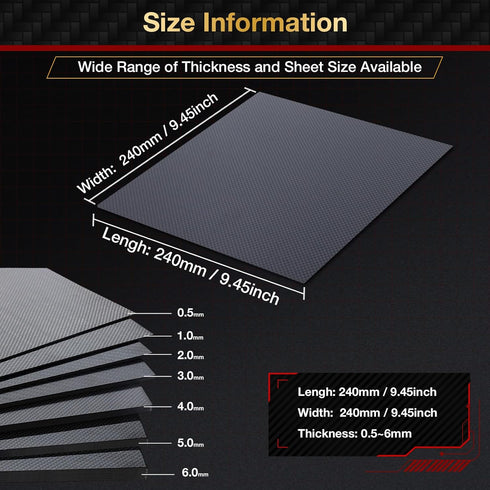 ARRIS 240 x 240 x 0.5mm Carbon Fiber Sheet, Available in 1MM 1.5MM 2MM 2.5MM 3MM 3.5MM 4MM 4.5MM 5MM 6.0MM 100% 3K Carbon Plate Pannel Sheet Twill...