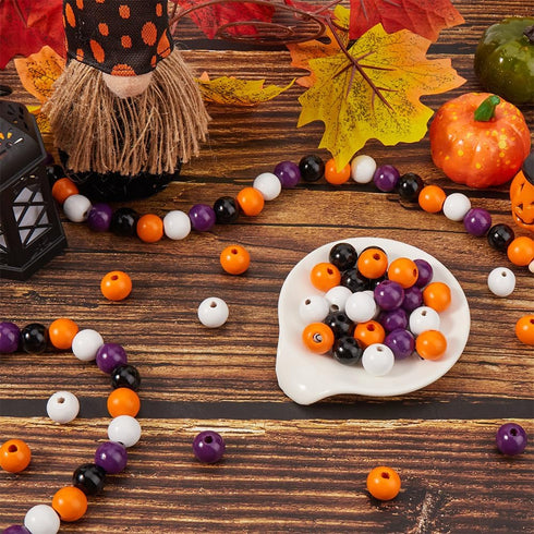 125Pcs Halloween Wooden Beads Pumpkin Wood Beads Garland Craft Round Loose Bead Ornaments for Jewelry Making Bead Assortments DIY Necklace Bracele...