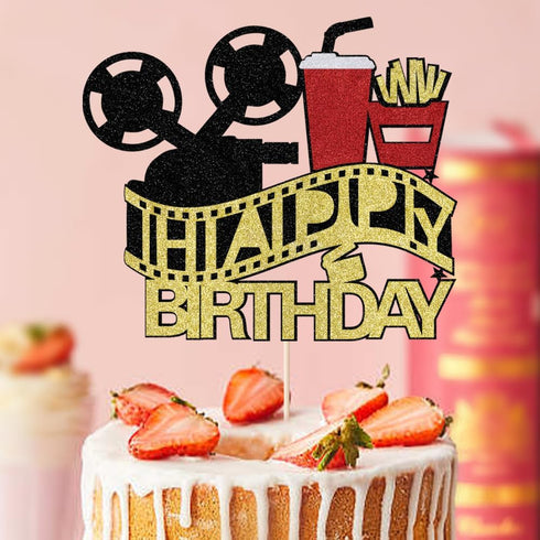 Film Cake Toppe Happy Birthday Sign Cake Topper for Film Projector Movie Night Camera Popcorn Theater Theme Bday Party Celerbrating Supplies (film...