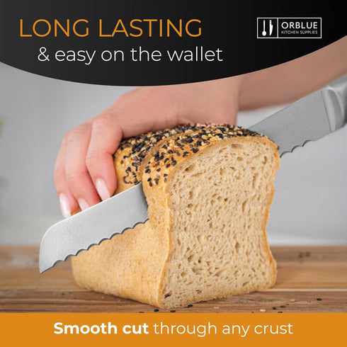 Orblue Serrated Bread Knife Ultra-Sharp Stainless Steel Professional Grade Bread Cutter - Cuts Thick Loaves Effortlessly - (8-Inch Blade with 5-In...