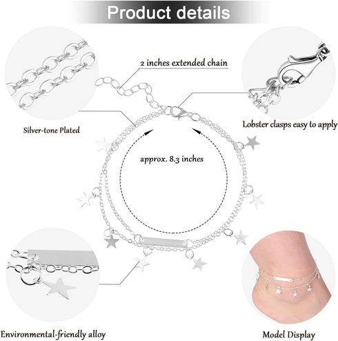 Hicarer 25 Pcs Silver Ankle Bracelets for Women Silver Anklets Ankle Chains Adjustable Beach Anklets Boho Foot Jewelry Set for Women Girls Party F...