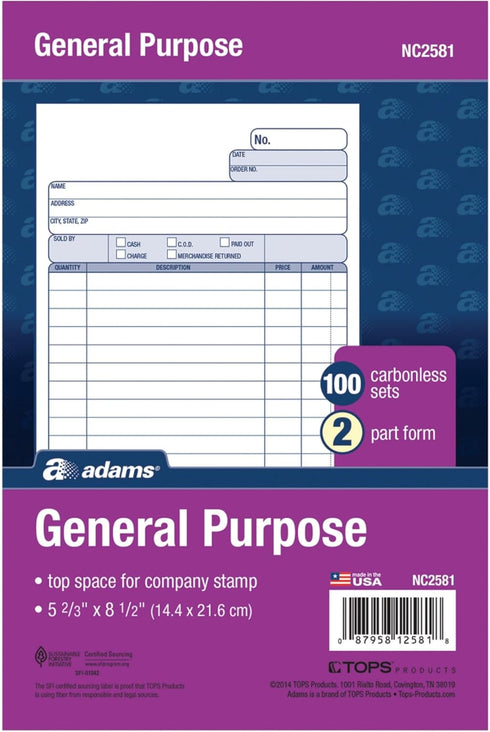 Adams General Purpose Unit Sets, 5.67 x 8.5 Inches, 2-Part, Carbonless, White/Canary, 100 Sets per Pack (NC2581)...