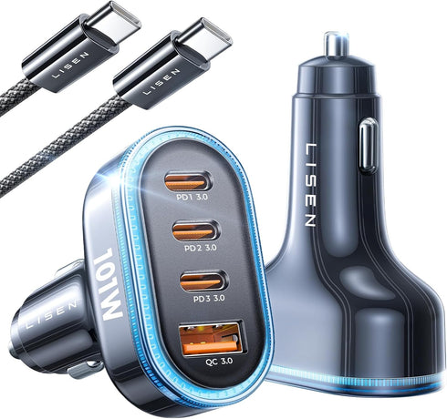 LISEN USB C Car Charger 65W+36W 4 Port Fast Charging Car Charger Adapter PD3.0 & QC3.0 Cigarette Lighter Car USB Charger Multi Port with Cable,Com...