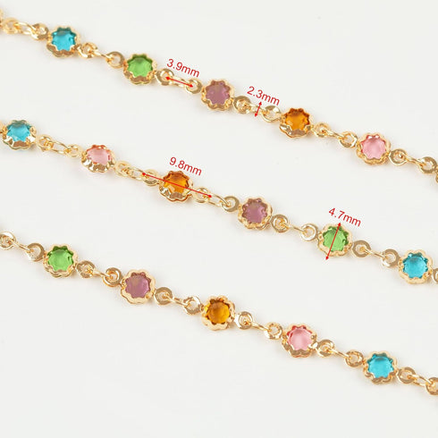 YOUBEIYEE 3 Meters Colorful Rhinestone Jewelry Chain Gold Plated Brass Chain for Jewelry Making Mixed Color Glass Bead Flower Craft Chain Roll...