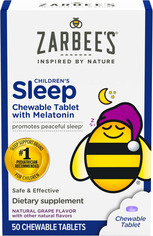 Zarbee's Kids 1mg Melatonin Chewable Tablet Drug-Free & Effective Sleep Supplement Easy to Take Natural Grape Flavor Tablets for Children Ages 3 a...