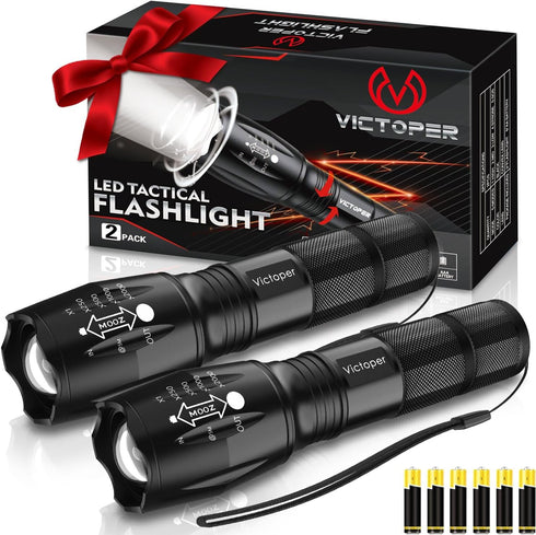 Victoper LED Flashlight 2 Pack, Bright 2000 Lumens Tactical Flashlights High Lumens with 5 Modes, Waterproof Zoomable Flash Light for Outdoor, Gif...