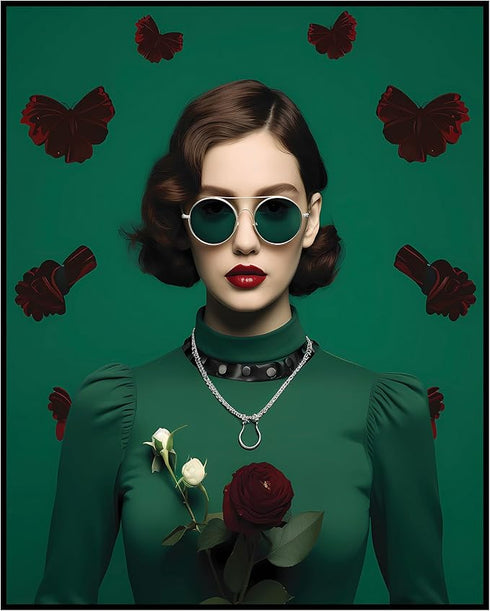 Posterizer 1 pcs-green vintage woman with butterflies collage-Retro Art-Abstract & Modern Art-Gift for Women, Fashionistas, Designer Fashion Fans-...