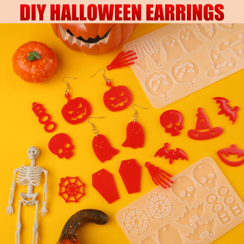82pcs Halloween Earring Resin Molds, 10 Styles Resin Earring Molds with Earring Hook Silicone Resin Jewelry Molds Kit for DIY Earrings Keychain Je...