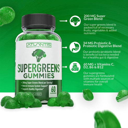 Supergreens Gummies - Daily Green Superfoods Supplement with Spinach, Broccoli, Moringa, Beet Root, Celery, Green Tea, & Acai for Immunity Support...