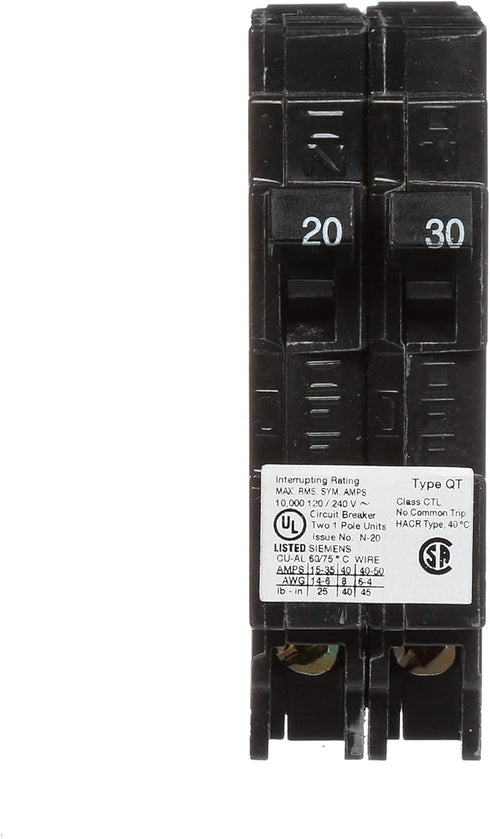 Siemens Q2030 One 20-Amp and One 30-Amp Single Pole 120V Circuit Breaker...