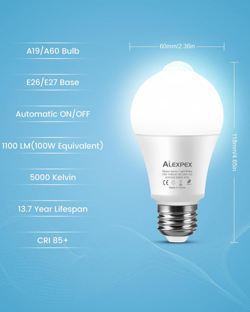 Motion Sensor Light Bulbs, 13W(100W Equivalent) 1100lm Motion Activated Auto Dusk to Dawn LED Bulb, A19 E26 5000K Daylight White Outdoor/Indoor Li...
