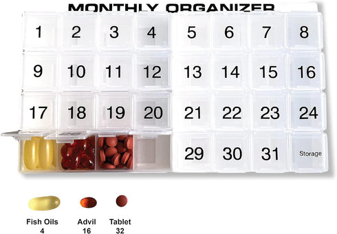 31 compartments, 1 per Day, 4 Week Monthly Pill Organizer by Promed. Includes Tray and 8 Removable compartments. (White)...