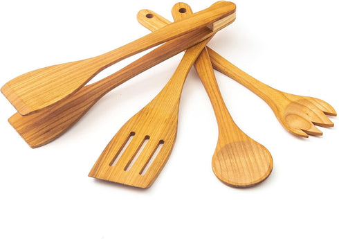 tuuli Kitchen - 4-Piece Wooden Cooking Utensils Set, Solid Cherry Wood (BBQ Tongs, Kitchen Spoon, Fork and Spatula), Durable Wooden Utensils for E...