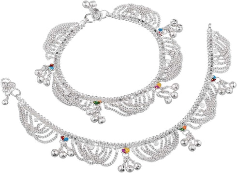 Efulgenz Silver Tone Indian Jewelry Anklets for Women Indian Bollywood Wedding Bridal Anklet Crystal Tassel Chain Bell Charms Anklet Set Bracelet ...